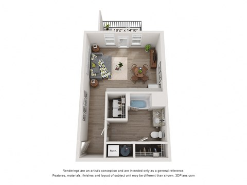 Modern studio floor plan at Plat 10 Living Windsor CO with flexible living space and sleek finishes.